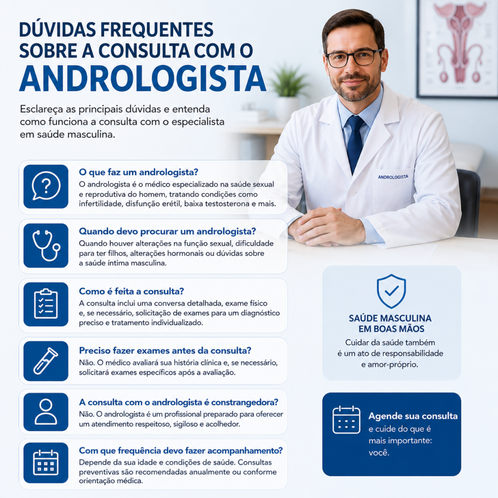 Infográfico com dúvidas frequentes sobre a consulta com o andrologista em Campinas, abordando saúde masculina, infertilidade, hormônios, exames e acompanhamento médico.