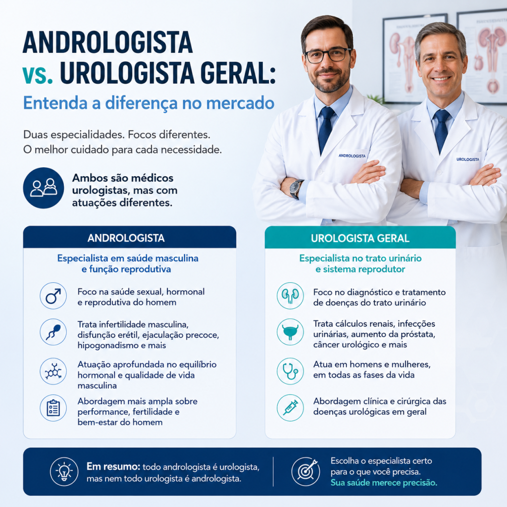 Infográfico comparando Andrologista e Urologista Geral, destacando as diferenças de atuação em saúde masculina, fertilidade, hormônios e doenças do trato urinário.