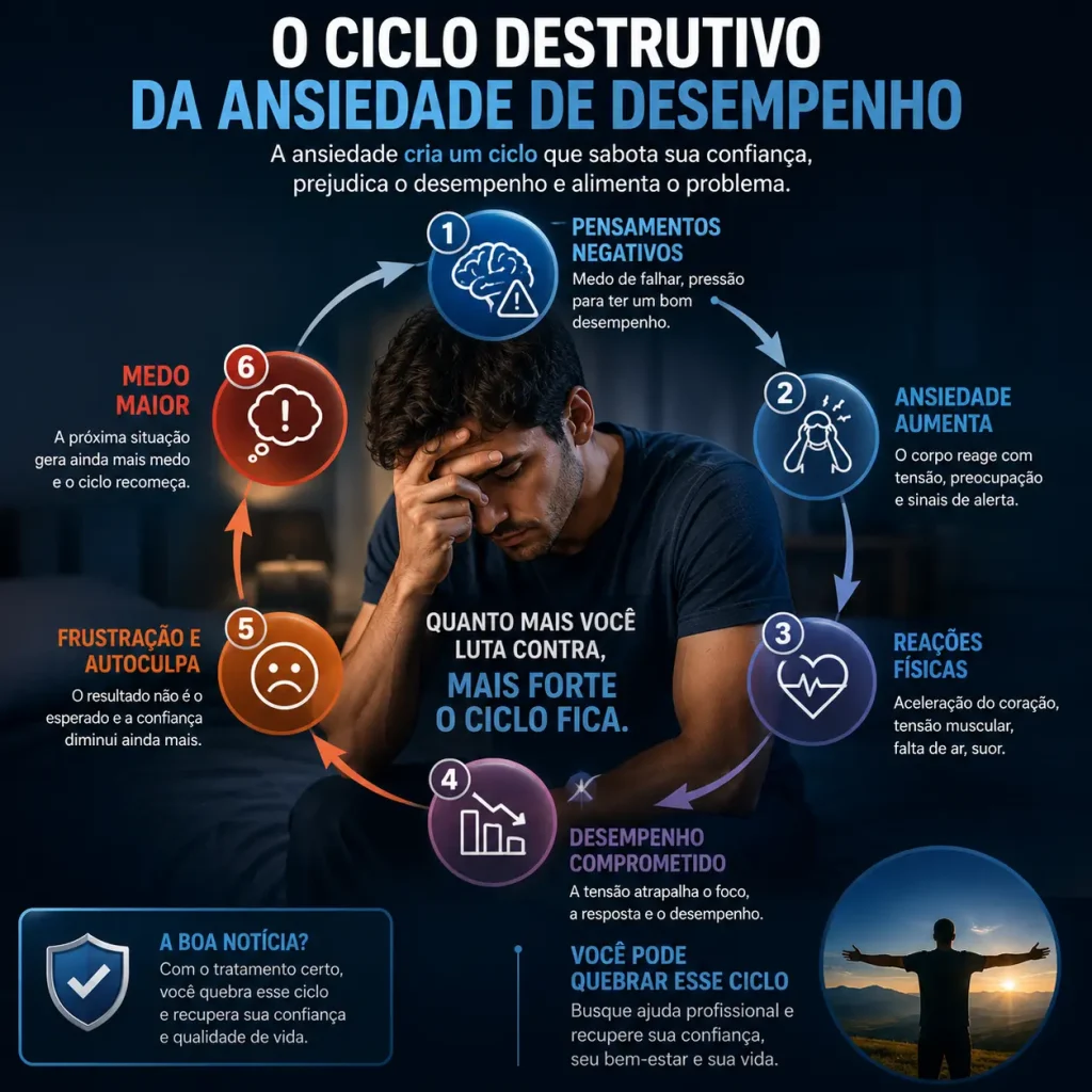 Infográfico sobre o ciclo da ansiedade de desempenho relacionado à disfunção erétil mostrando as etapas de pensamentos negativos, aumento da ansiedade, reações físicas, desempenho comprometido, frustração e medo crescente. Conteúdo do Andrologista em Campinas Dr. Gibson Bessa.