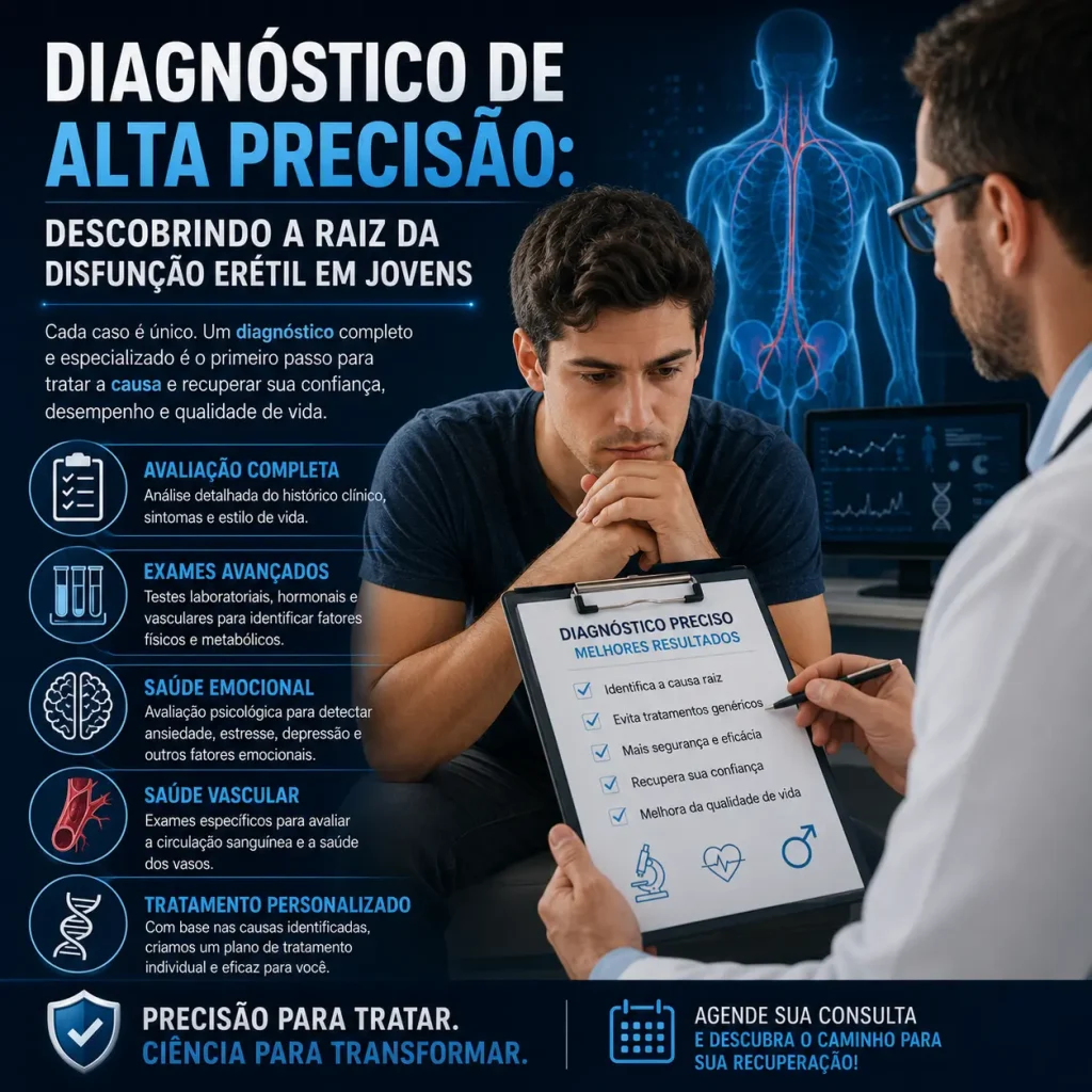 Dr. Gibson Bessa realizando diagnóstico de alta precisão para identificar as causas da disfunção erétil em jovens durante consulta de andrologia em Campinas.