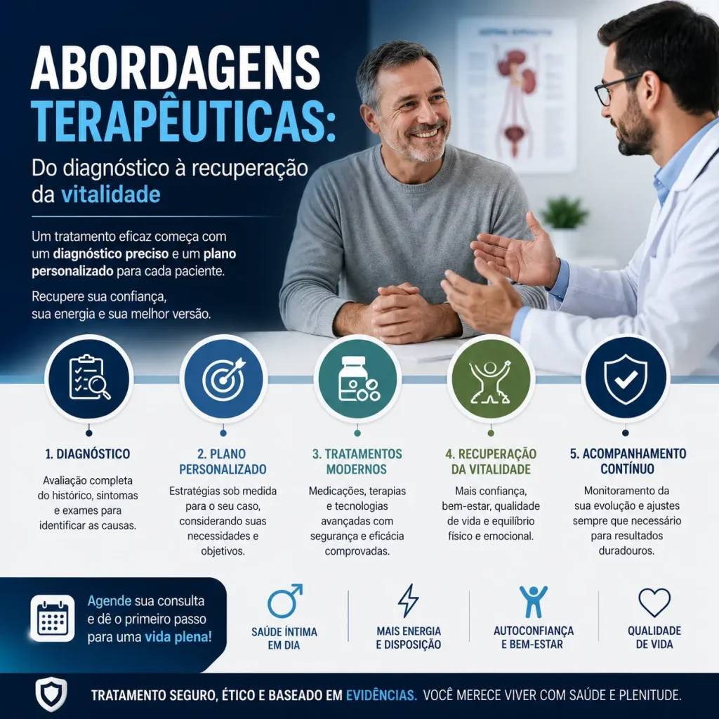 Infográfico sobre as abordagens terapêuticas para disfunção erétil mostrando as etapas do tratamento: diagnóstico, plano personalizado, tratamentos modernos, recuperação da vitalidade e acompanhamento contínuo. Conteúdo do Andrologista em Campinas Dr. Gibson Bessa.
