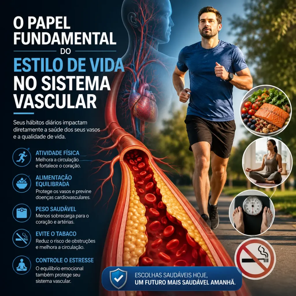 Infográfico sobre o papel do estilo de vida no sistema vascular mostrando atividade física, alimentação saudável, controle do peso, abandono do tabagismo e controle do estresse para melhorar a circulação sanguínea, a saúde vascular e a função erétil. Conteúdo do Andrologista em Campinas Dr. Gibson Bessa.